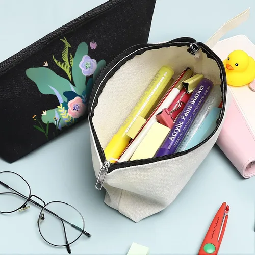 Miniatura 2 de 10 bolsas de maquillaje de lona de algodón con parte inferior y correa, bolsa de cosméticos multiusos con cremallera, bolsa de aseo de viaje, bolsa