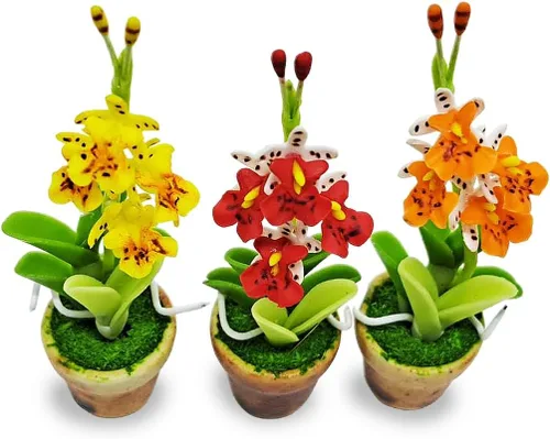 Miniatura 7 de WitnyStore Juego de 3 piezas pequeñas de 2 pulgadas de alto, orquídea amarilla, roja y naranja - Flores artificiales hechas a mano, coloridas