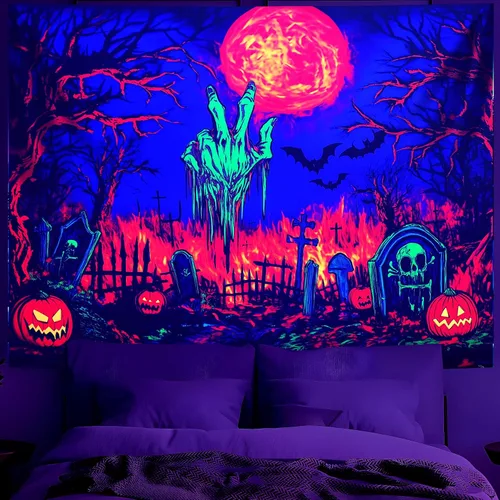 Miniatura 32 de BVBOX Tapiz de Halloween con luz negra, reactivo a los rayos UV que brilla en la oscuridad, póster de tapiz trippy con luz negra para sala de estar