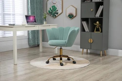 Miniatura 5 de Silla cómoda de oficina en casa con ruedas, linda silla de escritorio ajustable de terciopelo con respaldo de concha marina moderna giratoria