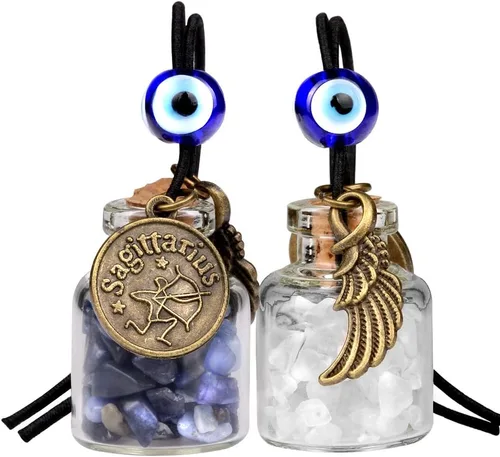 Miniatura 15 de Zodiac Birthstone Car Charms for Rearview Mirror Hanging - Two Gemstone Good Luck Bottles with Evil Eye Protection Bead and Guardian Angel Wing