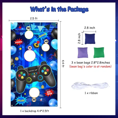 Miniatura 2 de Videojuegos de lanzamiento, control de videojuegos de nivel, telón de fondo con 3 bolsas de frijoles para niños, suministros de fiesta