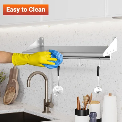 Miniatura 5 de Skyflame Estante de acero inoxidable de 12 x 24 pulgadas montado en la pared, estante de pared con 4 ganchos para cocina, baño y sala de estar