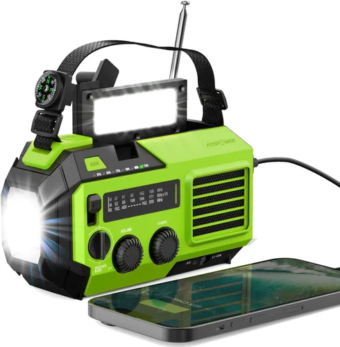 Miniatura 14 de FosPower NOAA Radio meteorológica de emergencia A1 7400 mWh, banco de energía portátil, AM/FM, USB/solar/carga de manivela, funciona