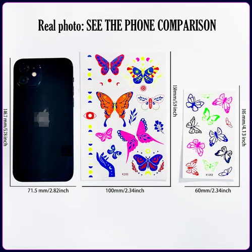 Miniatura 6 de Tatuajes temporales de neón UV, 12 hojas de tatuajes de fiesta que brillan en la oscuridad para adultos y niñas, patrones de doble vibración