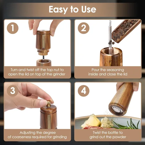 Miniatura 6 de Juego de molinillo de sal y pimienta de madera con cepillo y cuchara, molinillo manual de sal y pimienta de 8 pulgadas, grosor ajustable, molinillo