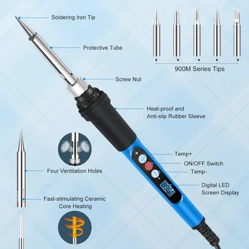 Miniatura 4 de Kit de soldador ANBES, pistola de soldadura LCD digital de 90 W 110 V con calentamiento rápido, kit de soldador de cerámica de 10 en 1