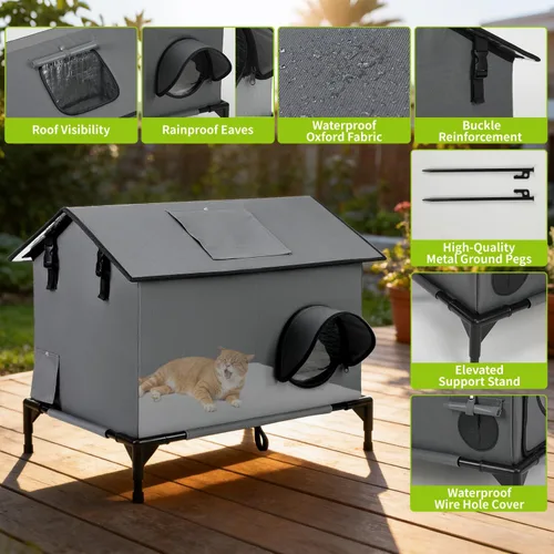 Miniatura 4 de Casa extragrande para gatos al aire libre, resistente a la intemperie, aislada para interiores y exteriores, casa para varios gatos con puerta