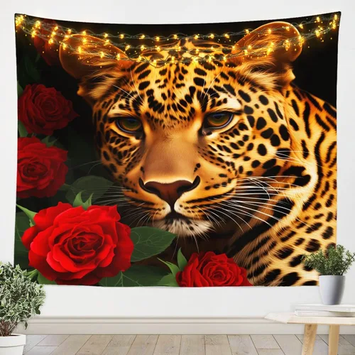 Erosebridal Tapiz de guepardo para colgar en la pared, tapiz de rosa roja, decoración del hogar, tapiz de leopardo y gato, diseño de pared con