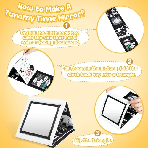 Miniatura 7 de URMYWO Juguetes con espejo para tiempo boca abajo, tarjetas de aprendizaje con estimulación visual, juguetes para bebés de alto contraste en blanco