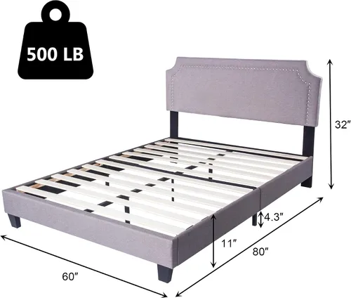 Miniatura 2 de LUCKYERMORE Marco de cama de plataforma tamaño Queen, marco de cama Queen tapizado de 11 pulgadas con cabecero de listones de madera, marco de metal