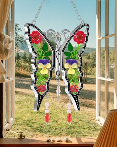 Miniatura 6 de KY&BOSAM - Atrapasoles de mariposa de vidrio para ventanas, carillón de viento, adorno colgante con flores secas presionadas entre las alas y sin
