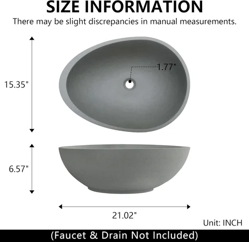 Miniatura 2 de Dolonm Fregadero de baño para baño, lavabo de baño de hormigón en gris sin grifo ni drenaje, 21 x 15 pulgadas, en forma de huevo