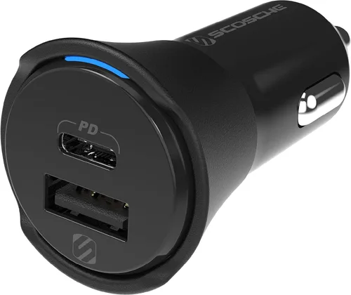 Scosche CPDCA32 PowerVolt - Cargador rápido para automóvil con certificación USB tipo C y USB tipo A de 32 vatios con entrega de potencia 3.0 para