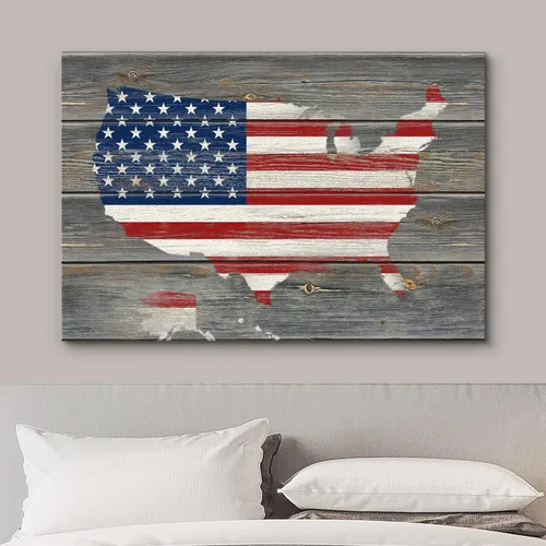 Miniatura 3 de wall26 - Cuadro en lienzo para pared, bandera americana sobre mapa de Estados Unidos en panel de madera, ilustraciones culturales de arquitectura