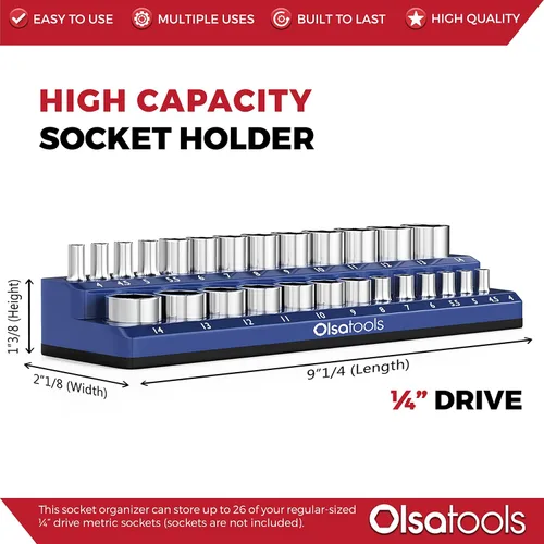 Miniatura 3 de Olsa Tools Portadados magnético, para dados métricos con cuadros de mando de 1/4 de pulgada, color azul, caben 26 dados, organizador de herramientas
