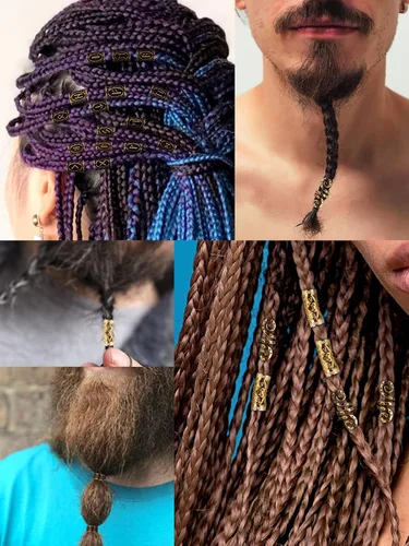 Miniatura 4 de EBANKU 110 cuentas de barba vikinga, cuentas de metal para trenzas de cabello, cuentas de cabello nórdico antiguo con pasador de pelo para trenza