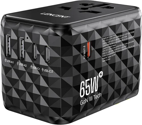 LENCENT Adaptador de viaje internacional GaN de 65 W con 2 puertos USB-A y 3 puertos tipo C, cargador rápido para teléfonos y portátiles, adaptador