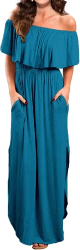 VERABENDI - Vestido largo de verano de hombros descubiertos y con bolsillos para mujer, para la playa, uso casual, con volantes