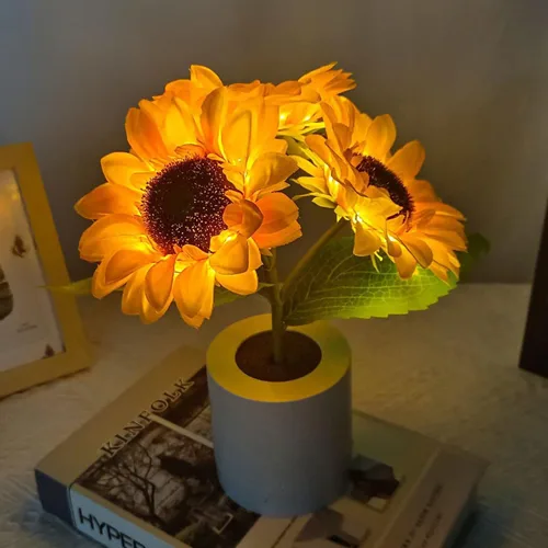 Lámpara de girasol – Luz nocturna de girasol artificial, lámpara de flores recargable por USB para regalo del día de la madre, decoración de Tres