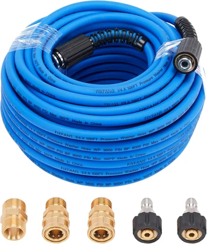 FIXFANS Manguera de lavado a presión – Manguera de extensión de lavadora de alta potencia de 1/4 pulgadas x 100 pies – Manguera de alta presión
