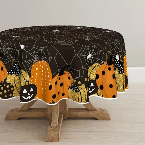 Miniatura 7 de Horaldaily Mantel rectangular de Halloween de 52 x 70 pulgadas, diseño de telaraña de calabaza con temática de miedo, color negro, lavable
