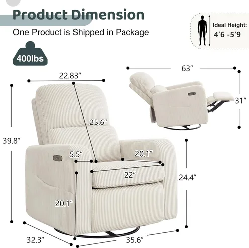Miniatura 2 de Mecedora Reclinable Giratoria, Reclinable Eléctrico de Gran Tamaño con Cojín Removible, Sillas de Guardería Reclinables Giratorias Tapizadas