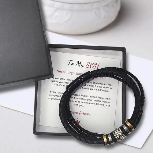 Miniatura 18 de Pulsera de cuero trenzado con texto en inglés «Love You Forever» para hombres y niños, pulsera inspiradora de acero inoxidable, pulsera de cuero