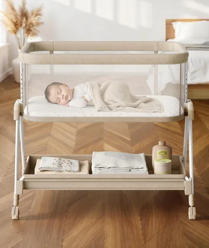Fodoss Moisés para bebé con ruedas, bandeja de almacenamiento, malla de 4 lados, 7 alturas ajustables, color beige