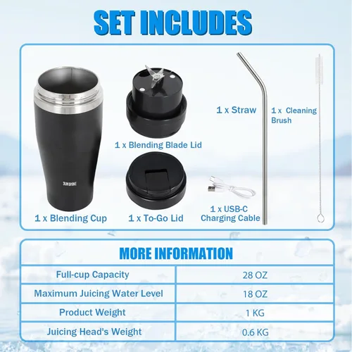 Miniatura 6 de Ice Shave - Vaso al vacío de acero inoxidable 2 en 1 y licuadora inalámbrica, 28 onzas, resistente a fugas, frío 24 horas/hielo, 2 días, 120 vatios