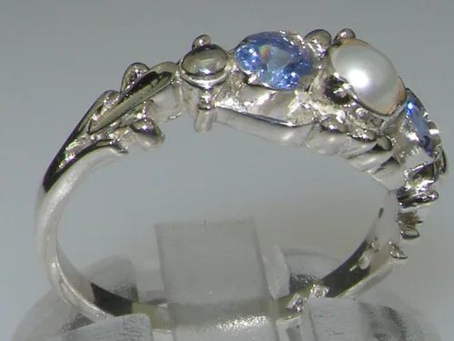 Miniatura 3 de Anillo de plata de ley 925 con perlas cultivadas y tanzanita para mujer