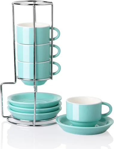 Miniatura 24 de Sweejar - Tazas de café de porcelana con platillos, tazas de capuchino apilables de 4 onzas con soporte de metal para bebidas de café, café