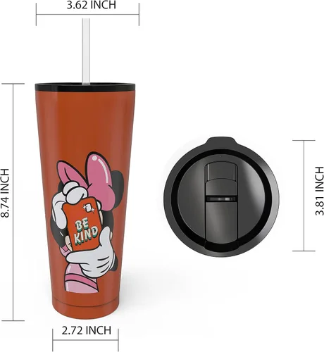 Miniatura 8 de Zak Designs Disney Minnie Mouse - Vaso de viaje de acero inoxidable con aislamiento al vacío con tapa a prueba de salpicaduras, incluye popote