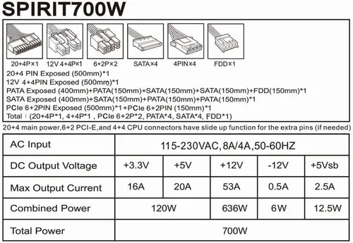 Miniatura 6 de Apevia ATX-SR700W Spirit ATX Fuente de alimentación con ventilador LED blanco de 4.724 in controlado automáticamente térmicamente, interruptor