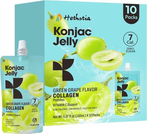 Hethstia Konjac Jelly sabor a uva verde, 10 bolsas, gelatina de uva bebible con péptidos de colágeno, 7 Kcal, sin azúcar, sin gluten, keto, vegano,
