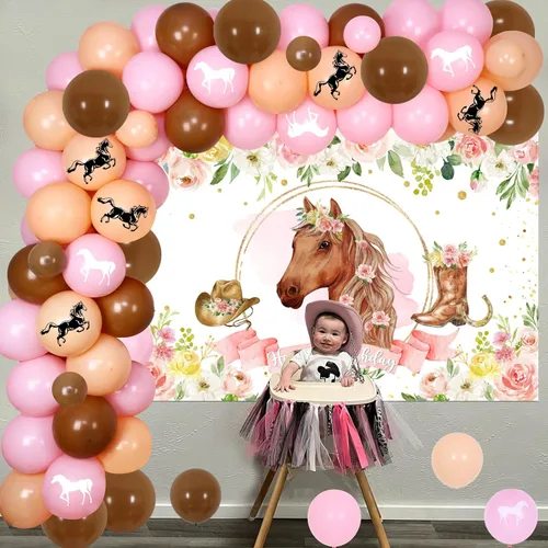Miniatura 4 de Decoración para fiesta de vaquera occidental, fondo de fotos de caballo de carreras con flores rosas y kit de arco de guirnalda de globos