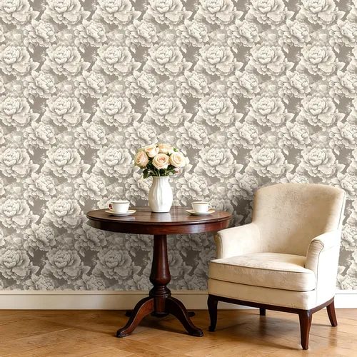 Miniatura 7 de Papel tapiz floral neutro para despegar y pegar, gris, beige, marrón, marrón topo, marrón, marrón, marrón, marrón, marrón, marrón, vintage, papel