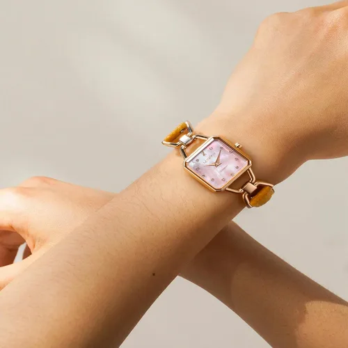 Miniatura 4 de LANZOOM Reloj de cuarzo para mujer, elegante esfera cuadrada de gradación de cristal nacarado, correa de cuero ajustable marrón y amarillo
