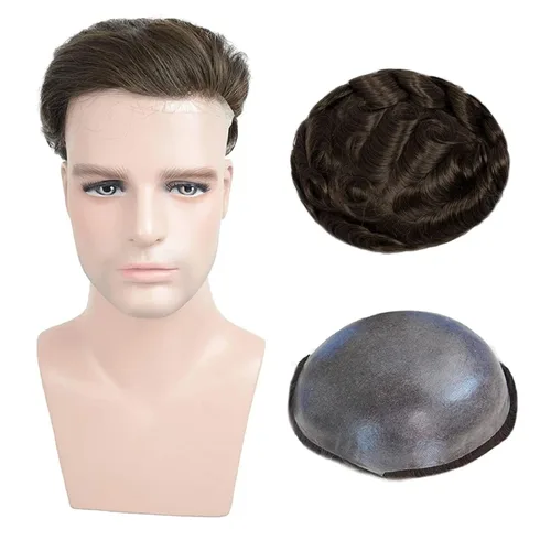 Miniatura 7 de Toupee para hombres, cabello humano para hombre, piezas de cabello de 0.002 in, piel suave y fina, un solo nudo, natural, ondulado, sistema