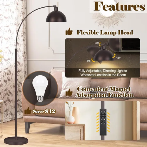 Miniatura 4 de Lámparas de pie de arco de bronce para sala de estar regulables – Lámpara de arco LED de 9W mejorada con 4 temperaturas de color, lámpara de pie