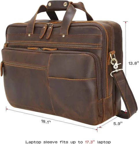 Miniatura 5 de Polare - Maletín de cuero de grano completo XL de 18 pulgadas para hombres, maletín de viaje de negocios, bolsa de mensajero para portátil de 17.3