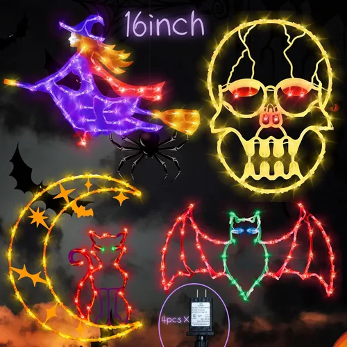 Miniatura 13 de Decoraciones de Luces de Siluetas para Ventana de Halloween de 16" - Paquete de 6 Colores Iluminados Gato en Luna y Fantasma y Telaraña y Calabaza