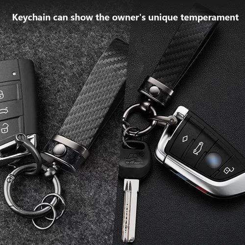 Miniatura 5 de Kewucn Llavero de coche de estilo fibra de carbono, llavero de cuero de microfibra, llavero con anillo en D antipérdida giratorio de 360 grados Negro