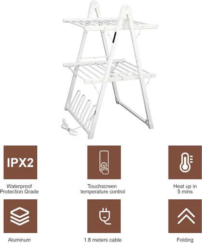 Miniatura 5 de Estante eléctrico de secado de ropa calentado, secadora de ropa plegable con calefacción y temporizador de apagado, tendedero para ropa, zapatos