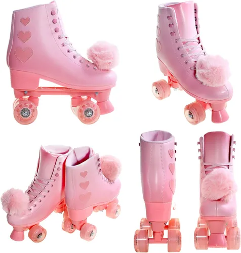 Miniatura 7 de Patines de ruedas para mujer, patines de piel sintética de alta calidad, cuatro ruedas rosadas brillantes de doble fila, patines cuádruples