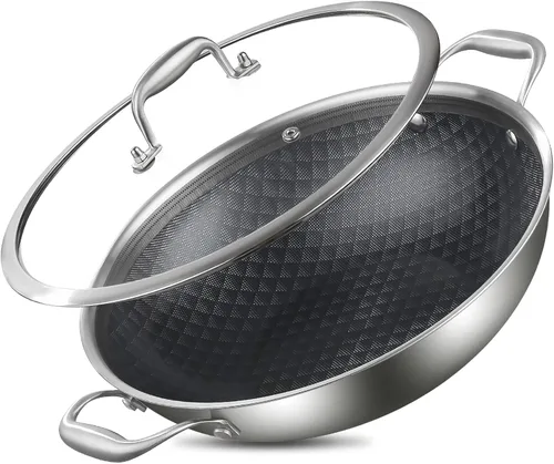 Miniatura 8 de DELARLO Wok con Tapa de 12 Pulgadas Wok Antiadherente, Apto para Horno Hasta 600℉, Woks y Sartenes para Freír Antiadherentes, Wok de Acero