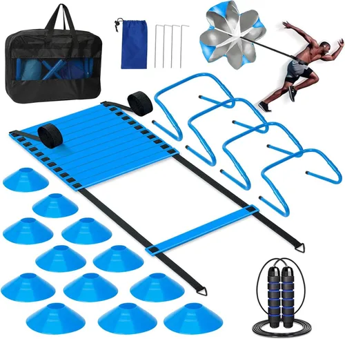 Escalera de agilidad, juego de equipos de entrenamiento de fútbol, 4 obstáculos de agilidad, escalera de velocidad de 20 pies, paracaídas para Azul