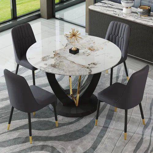 JUFU Juego de mesa de comedor redonda para 4, mesa de comedor de 48 pulgadas con mesa de mármol sintético y 4 sillas tapizadas, moderno juego de