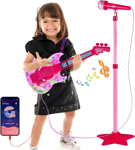 Juego de guitarra y micrófono para niñas, máquina de karaoke con música y luz, juguetes de micrófono con soporte, juguetes de guitarra de altura