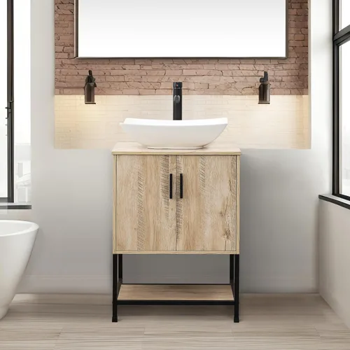 Miniatura 4 de UEV Tocador de Baño de Roble Rústico de 24" con Lavabo, Conjunto de Gabinete de Baño con Marco de Hierro Industrial con Puertas y Estante, con Combo